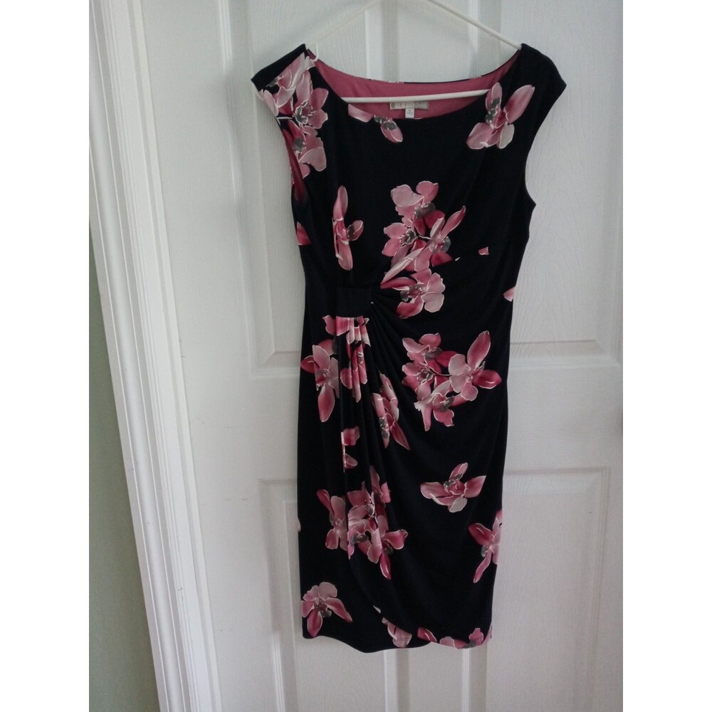 Signature Sadie Women's  Black Pink Floral Ruched Sleeveless Dress Petite 6P